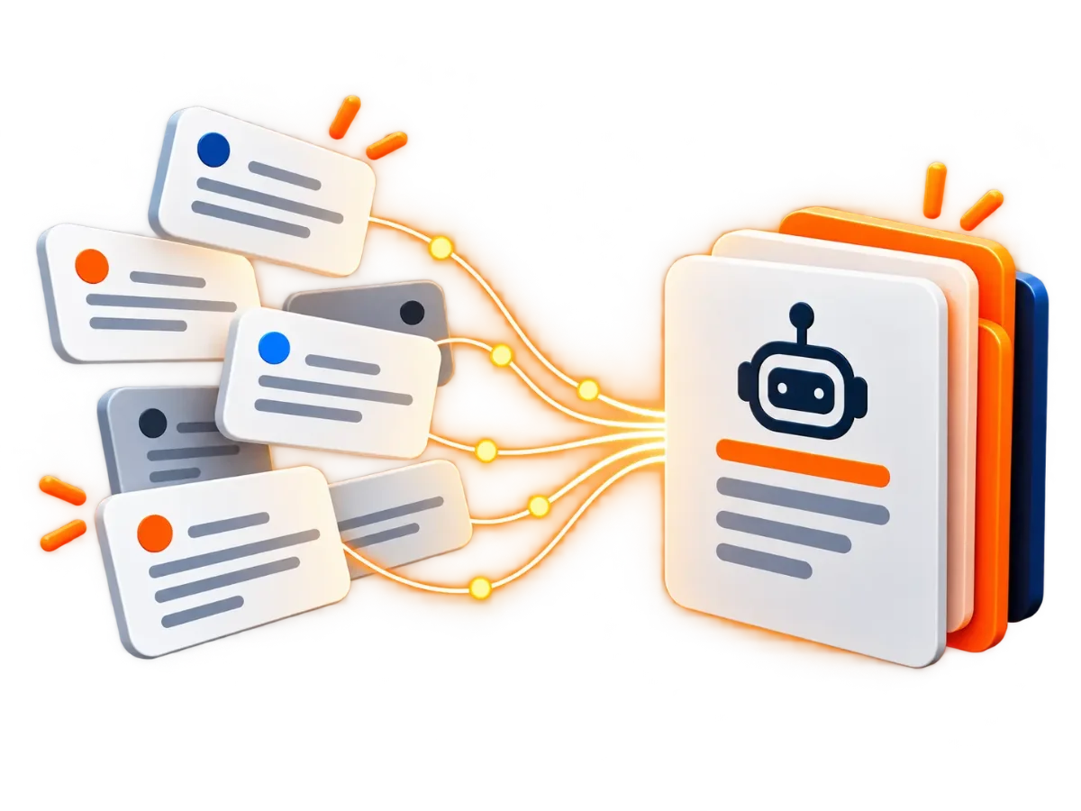 3D-illustratie van berichtkaarten die via lichtlijnen verbinding maken met een document met een robot-icoon.